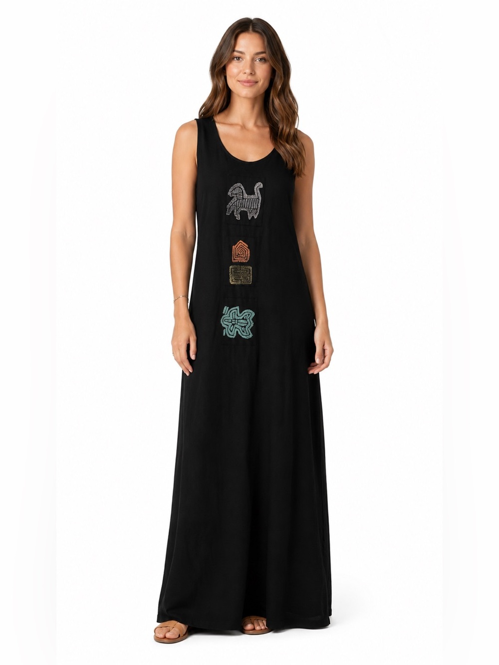 Blue Cactus 100% Cotton Sleeveless Black Straight Maxi Tank Dress Tribal Medium